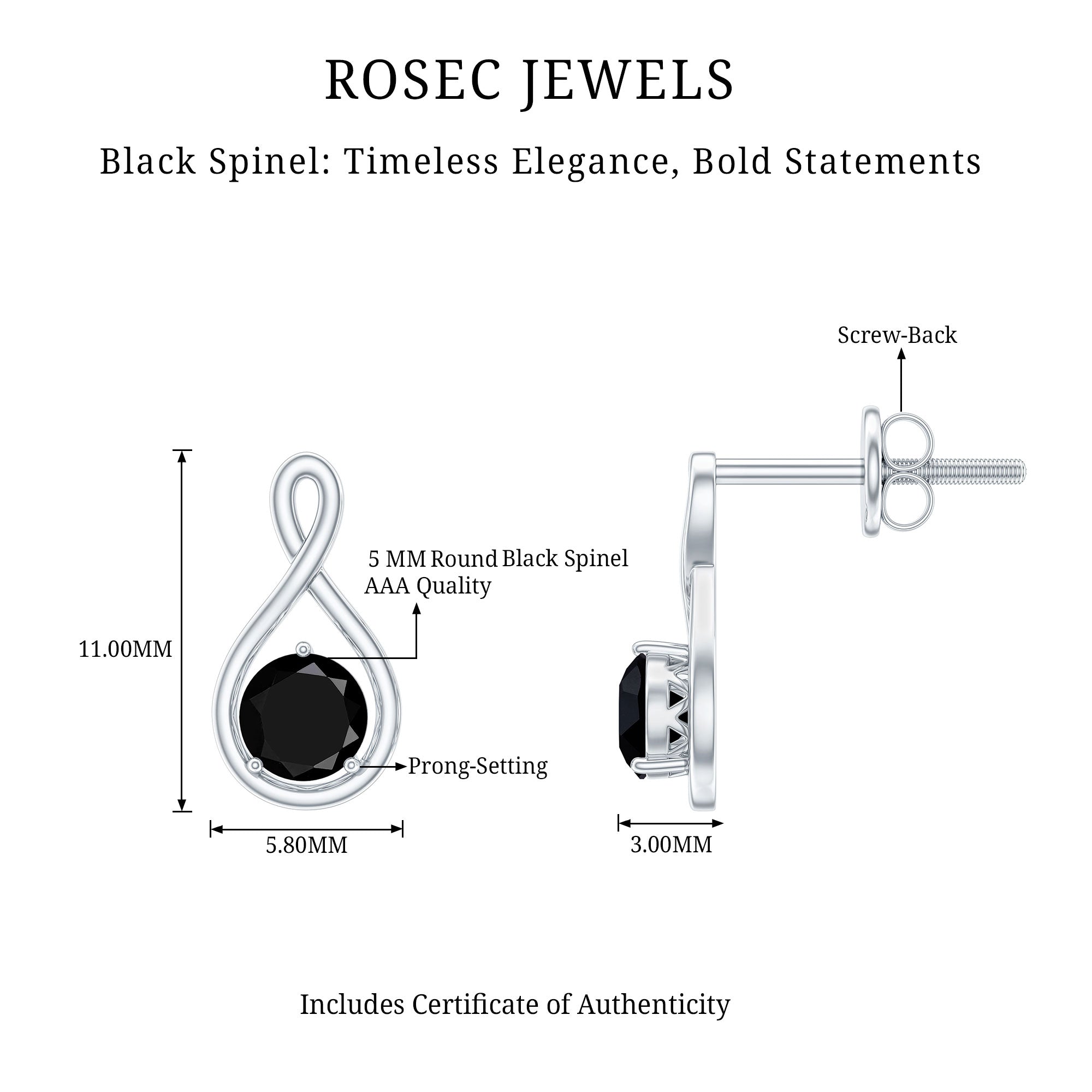 Certified Real Black Spinel Infinity Earrings with Screw Back