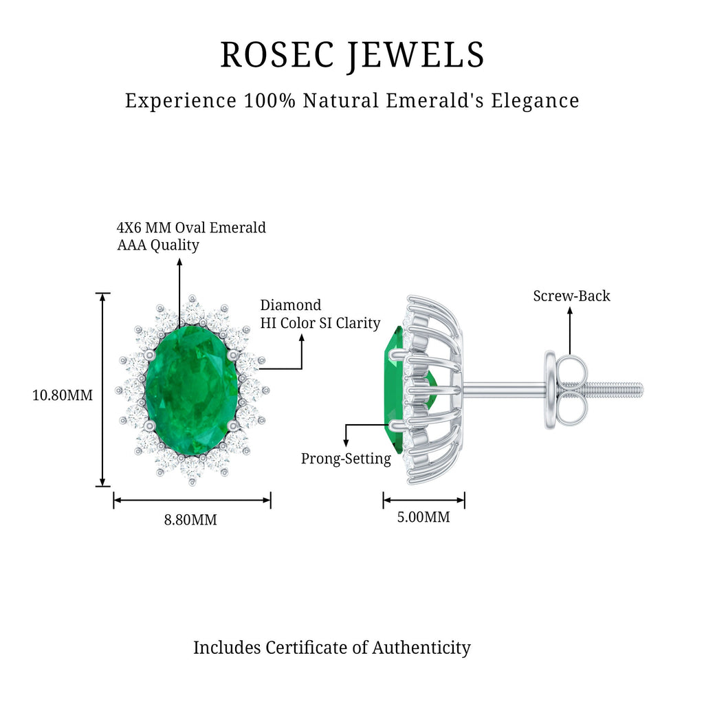 1.75 CT Oval Cut Emerald and Diamond Starburst Stud Earrings