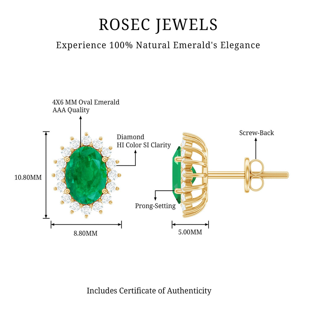 1.75 CT Oval Cut Emerald and Diamond Starburst Stud Earrings