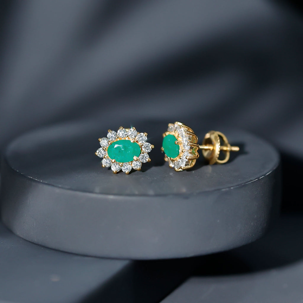 1.75 CT Oval Cut Emerald and Diamond Starburst Stud Earrings