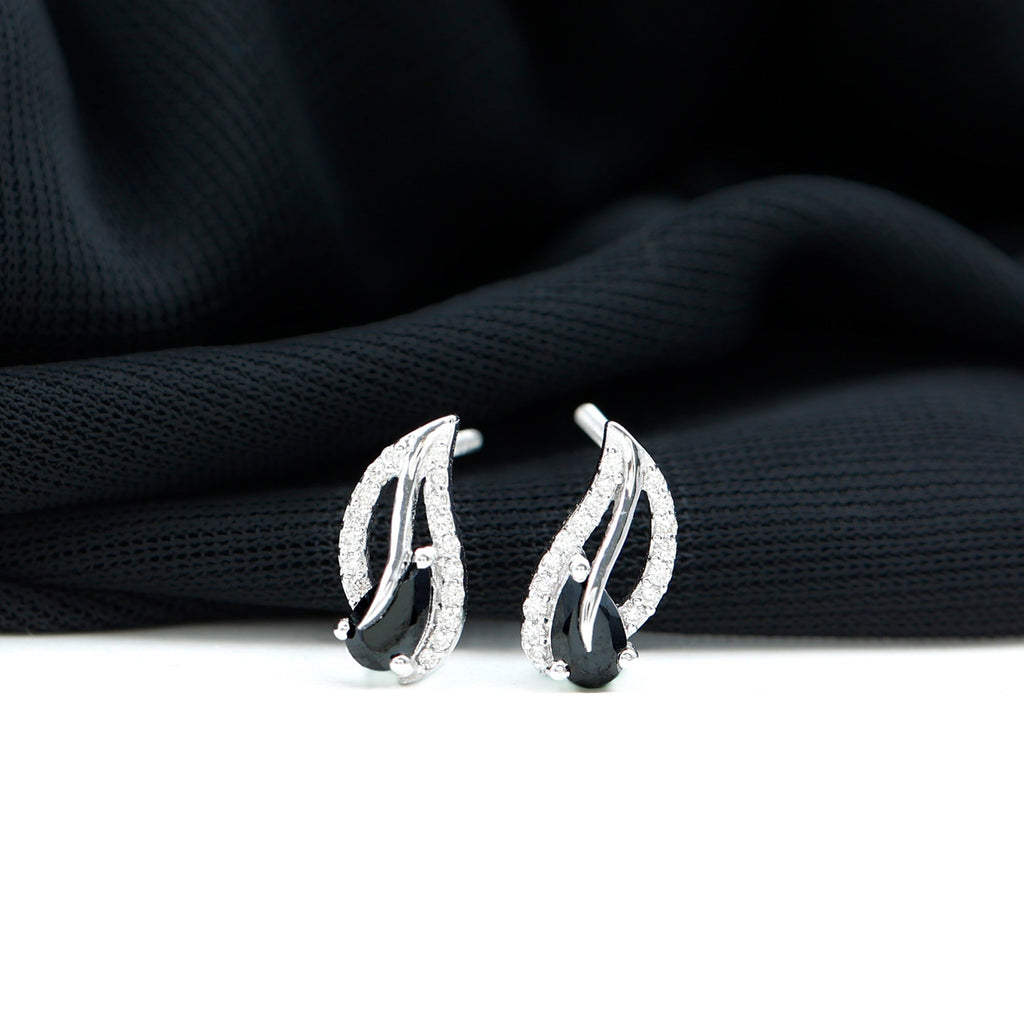 Pear Shape Black Spinel and Diamond Leaf Stud Earrings