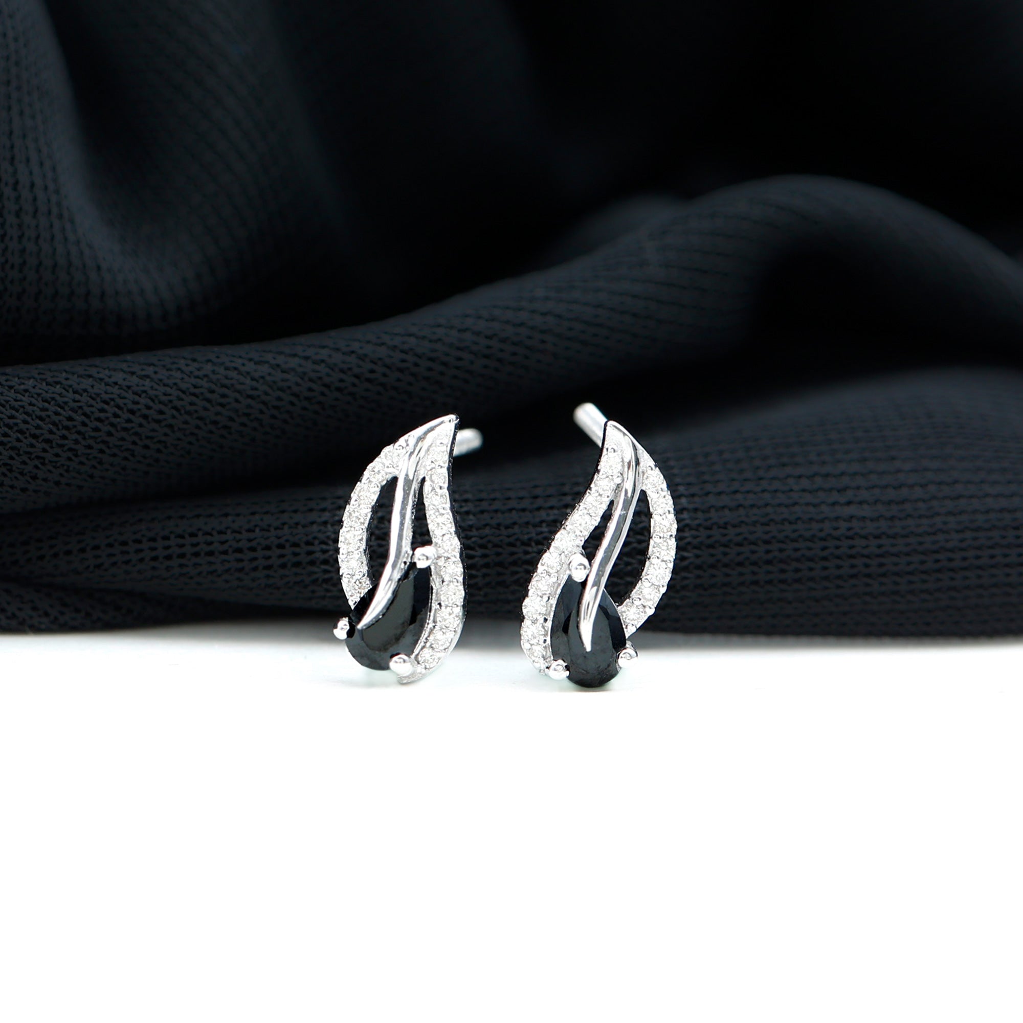 Pear Shape Black Spinel and Diamond Leaf Stud Earrings