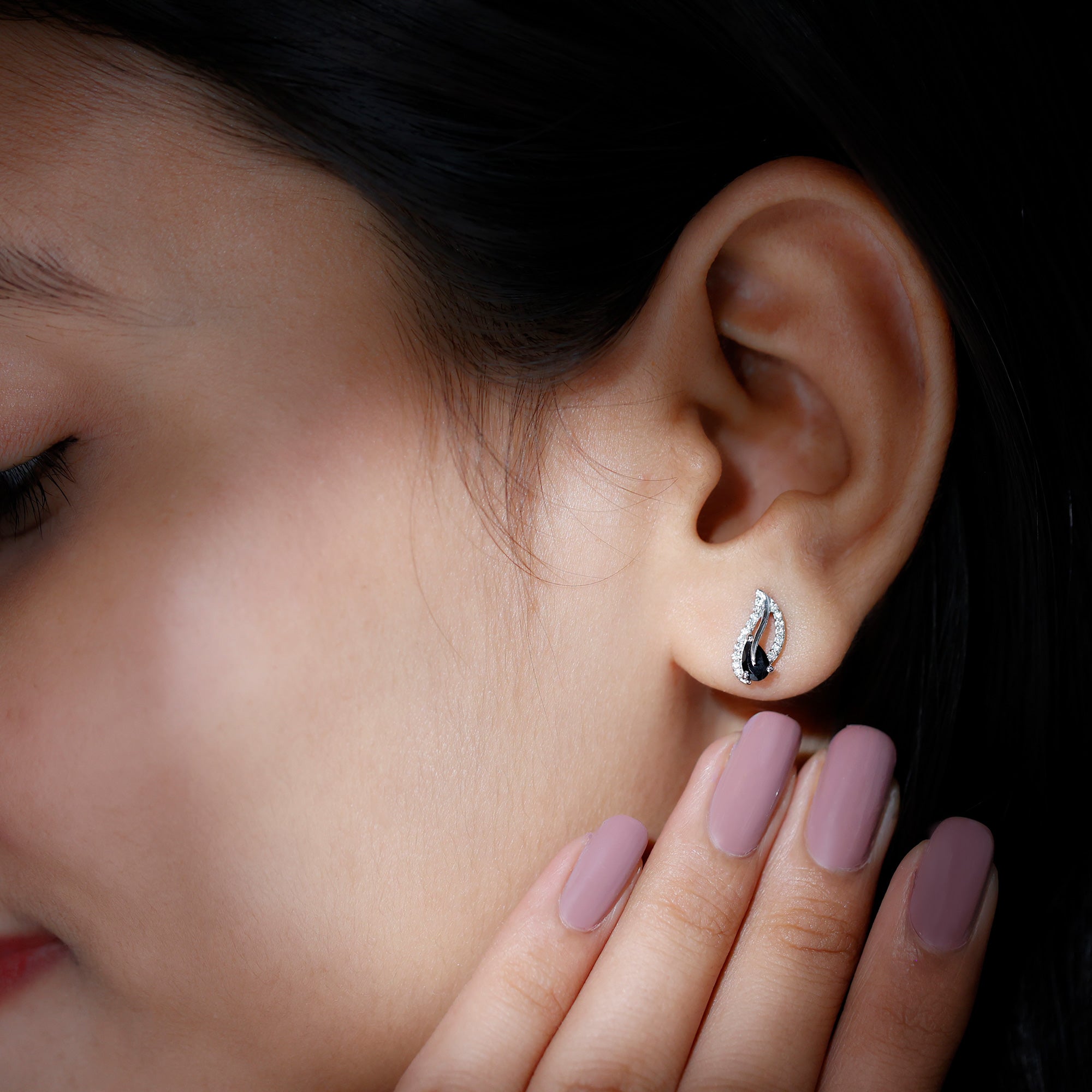 Pear Shape Black Spinel and Diamond Leaf Stud Earrings