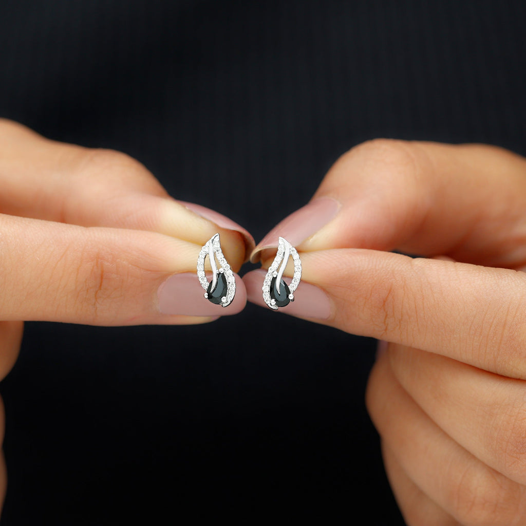 Pear Shape Black Spinel and Diamond Leaf Stud Earrings