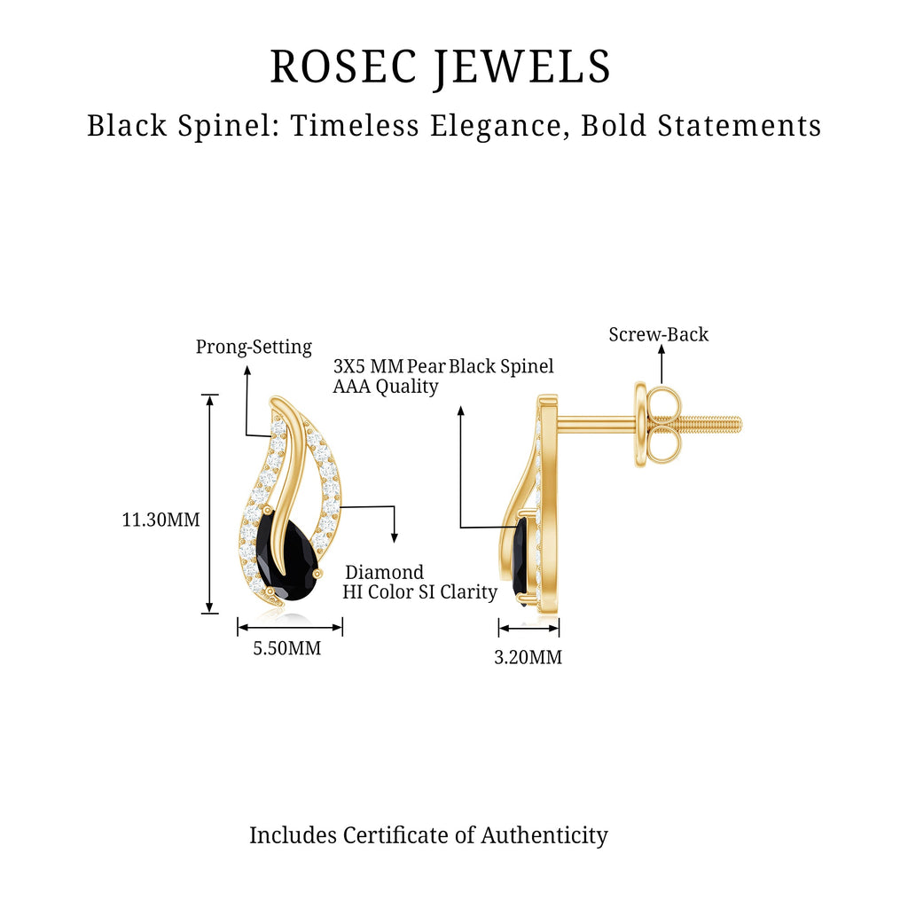 Pear Shape Black Spinel and Diamond Leaf Stud Earrings