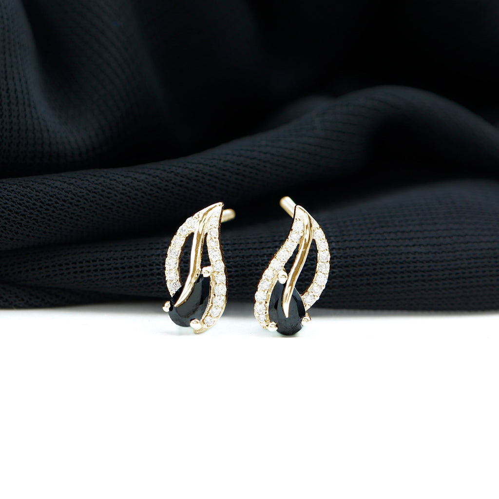 Pear Shape Black Spinel and Diamond Leaf Stud Earrings