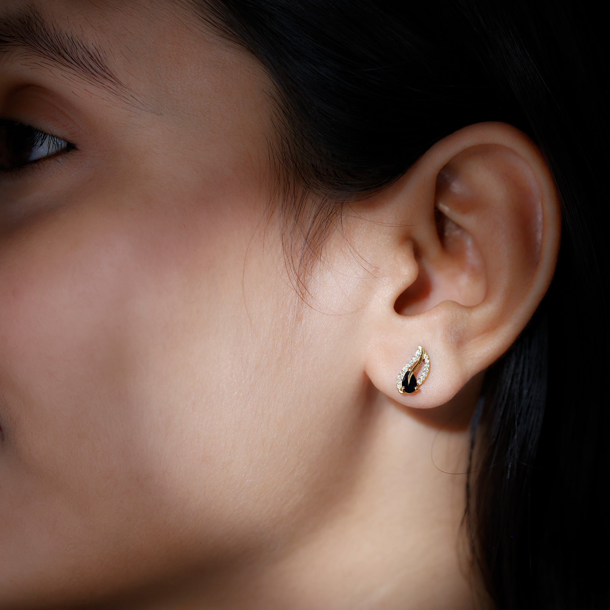 Pear Shape Black Spinel and Diamond Leaf Stud Earrings