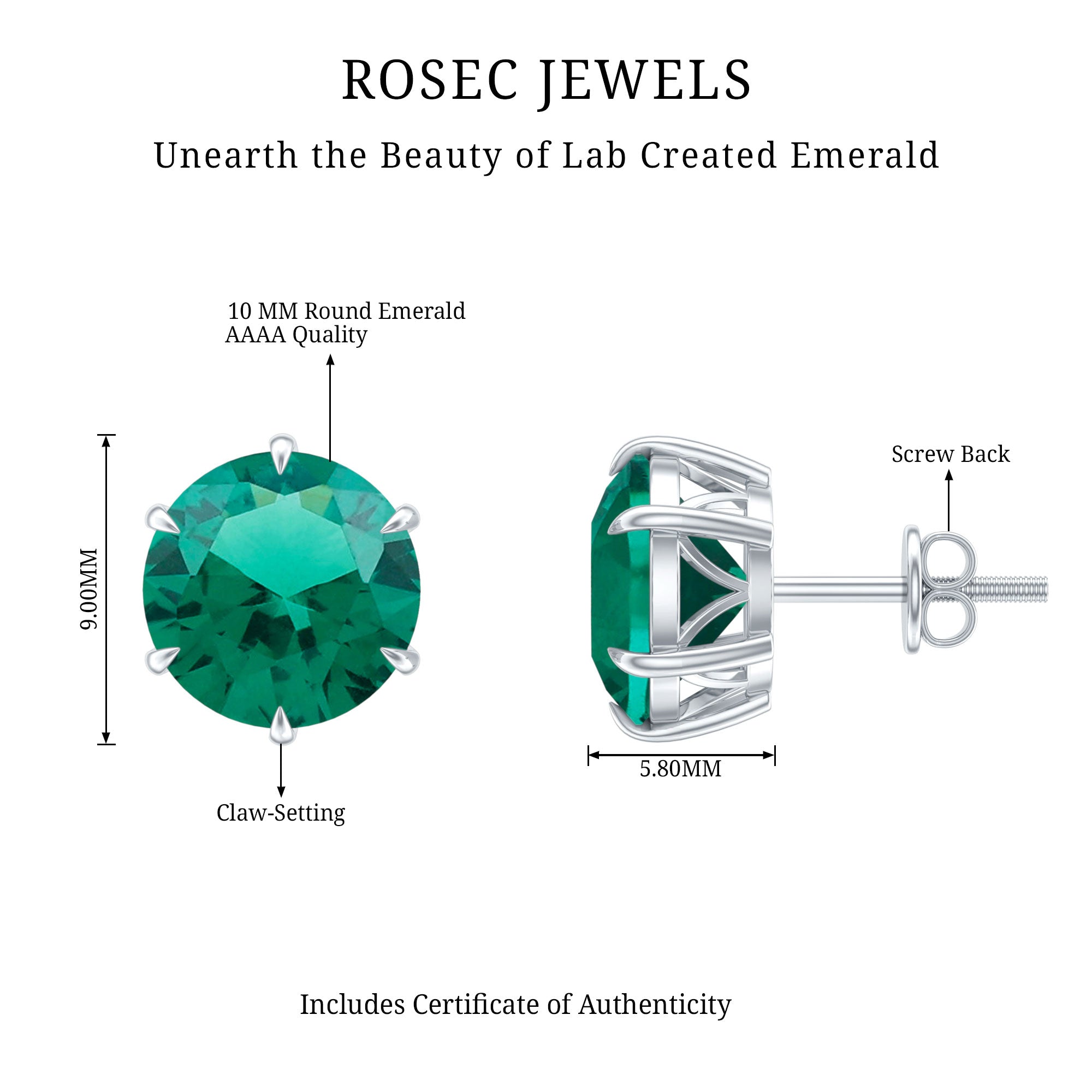 7 Carat Round Lab Grown Emerald Solitaire Stud Earrings