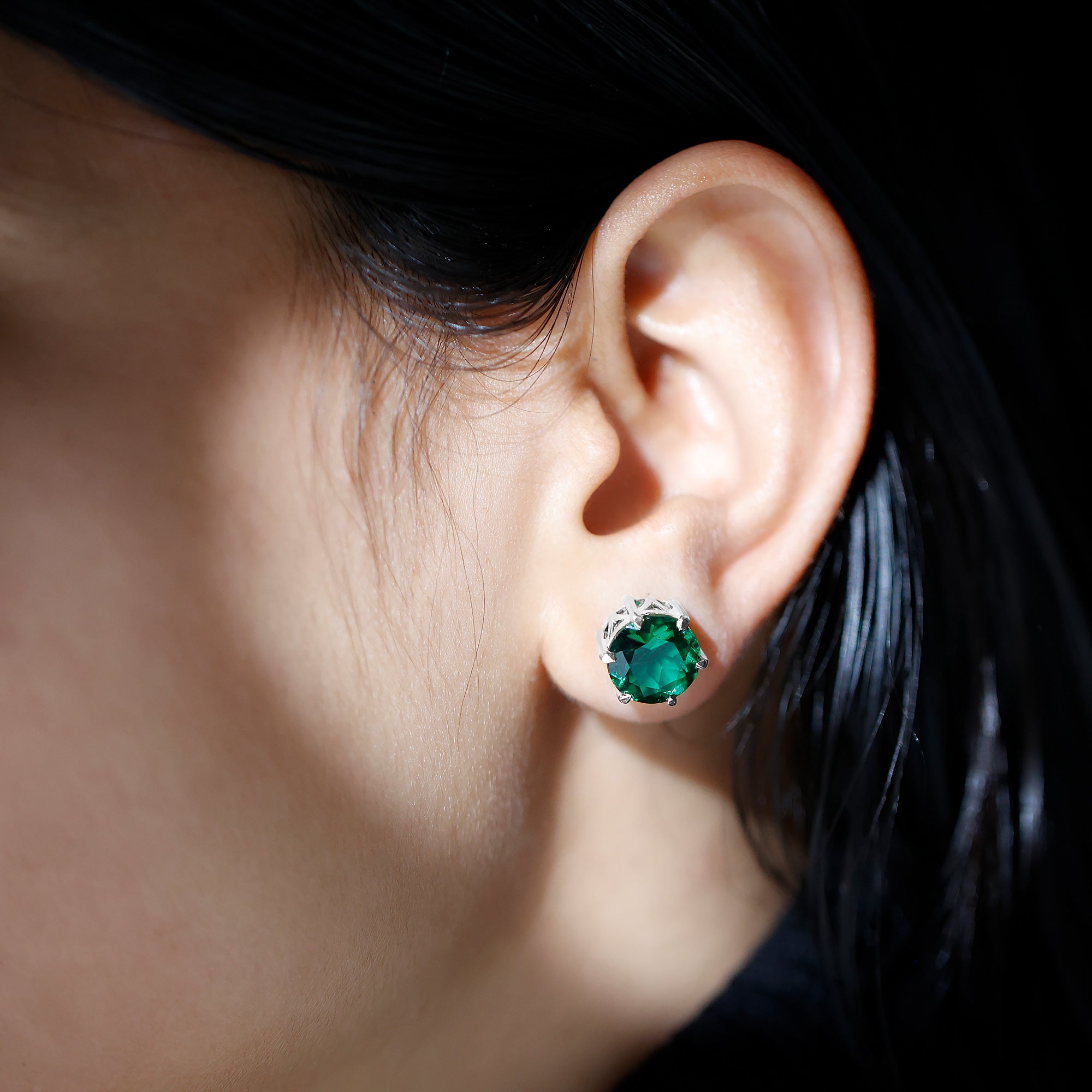 7 Carat Round Lab Grown Emerald Solitaire Stud Earrings