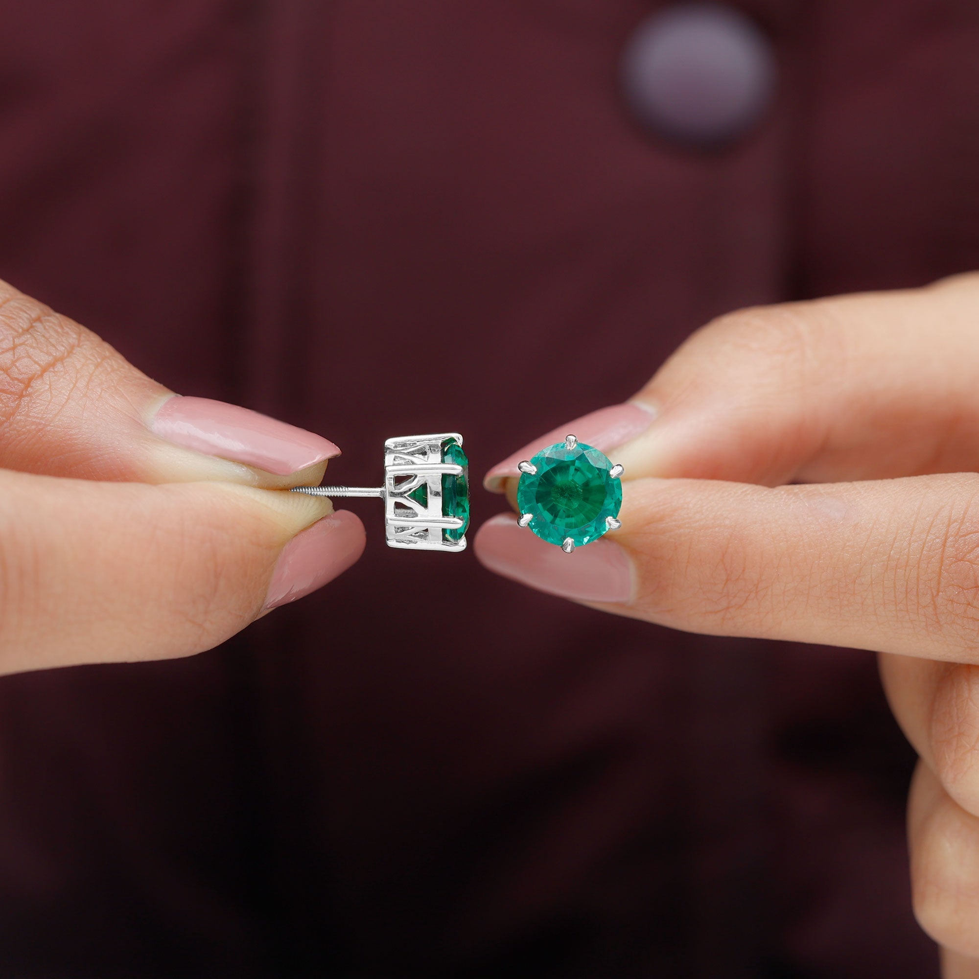 7 Carat Round Lab Grown Emerald Solitaire Stud Earrings