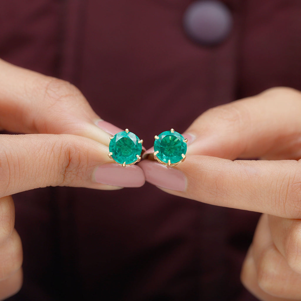 7 Carat Round Lab Grown Emerald Solitaire Stud Earrings