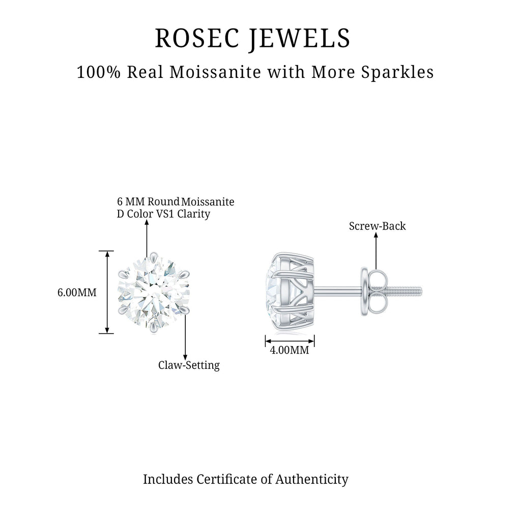 Claw Set Moissanite Solitaire Stud Earrings with Screw Backs