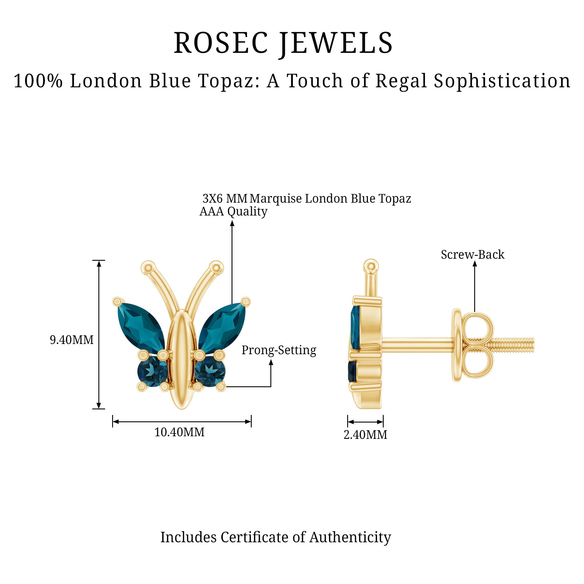 Butterfly Stud Earrings with London Blue Topaz
