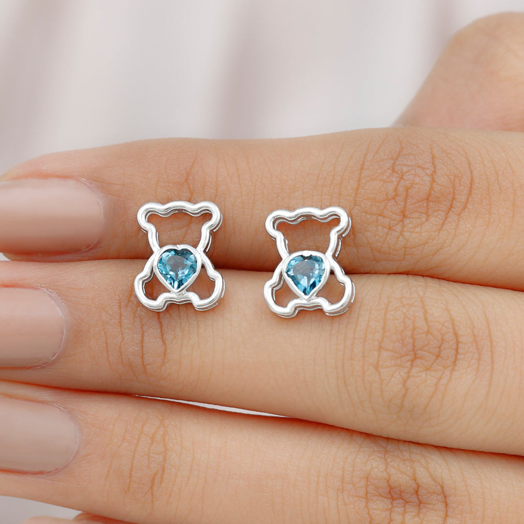 1/2 CT Heart Shape London Blue Topaz Teddy Bear Earrings