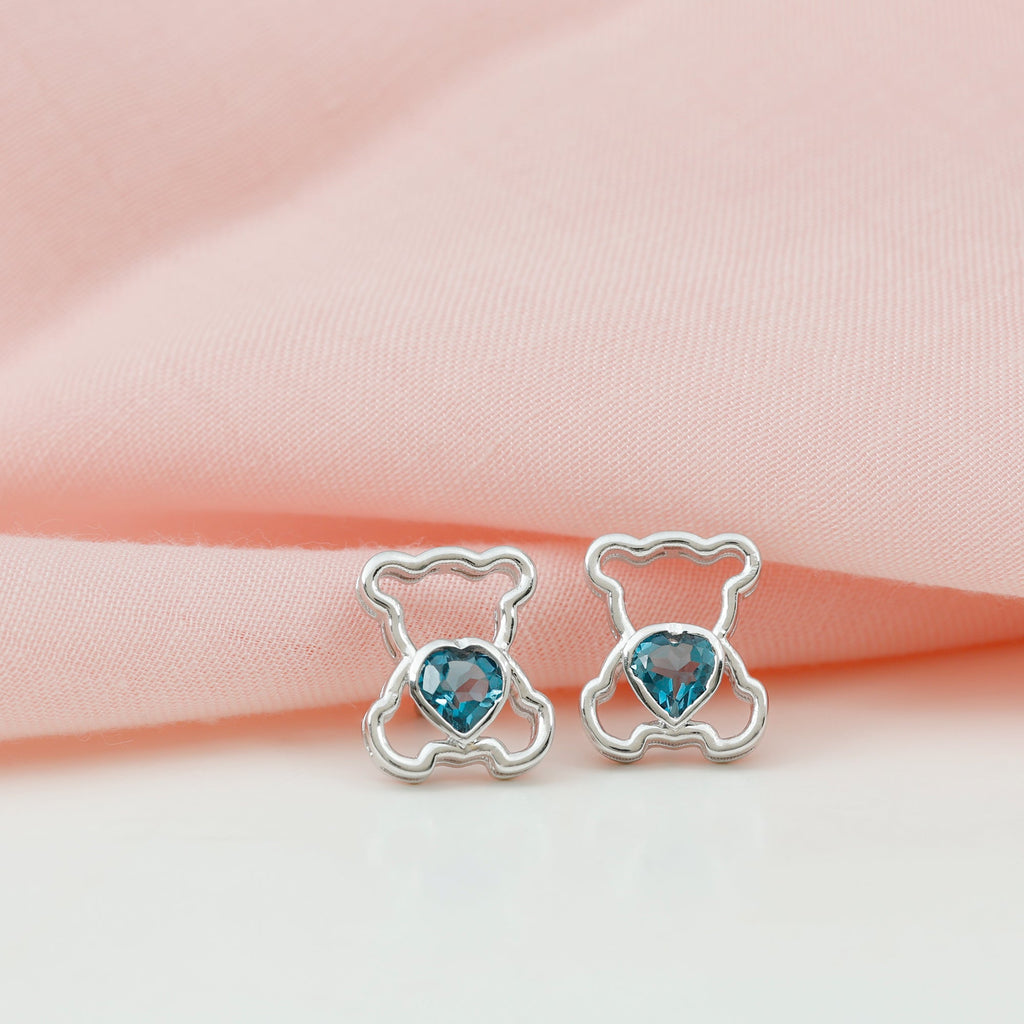 1/2 CT Heart Shape London Blue Topaz Teddy Bear Earrings