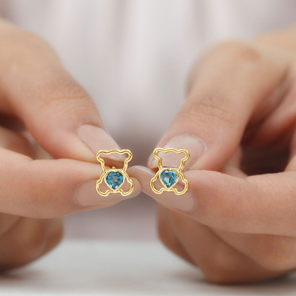 1/2 CT Heart Shape London Blue Topaz Teddy Bear Earrings