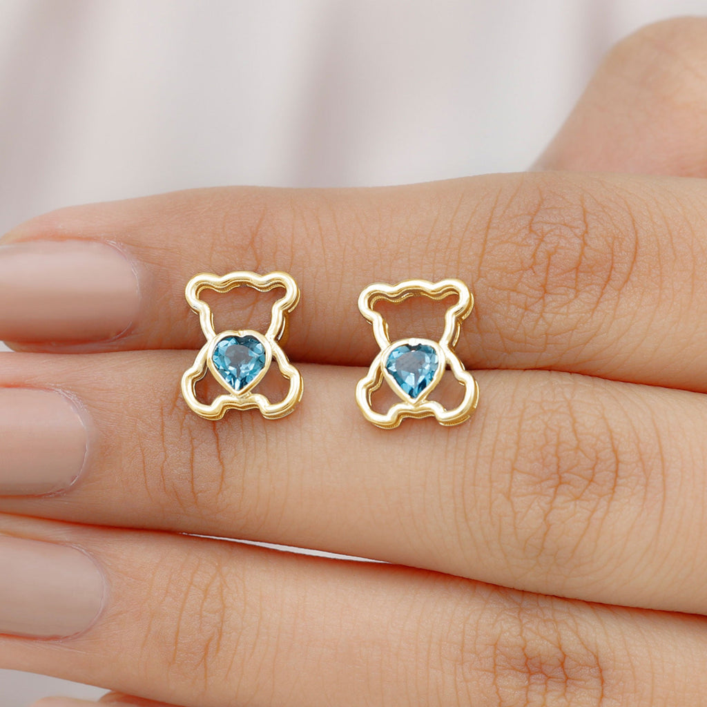1/2 CT Heart Shape London Blue Topaz Teddy Bear Earrings
