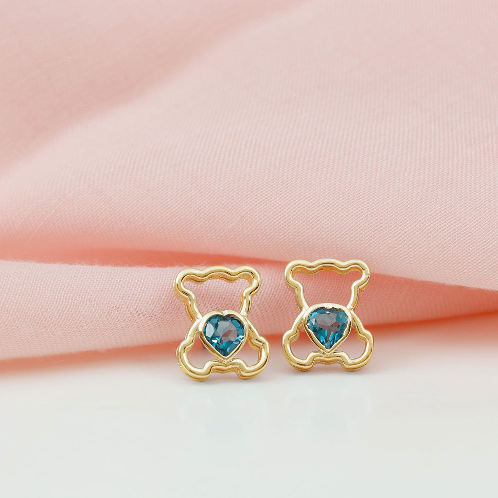 1/2 CT Heart Shape London Blue Topaz Teddy Bear Earrings