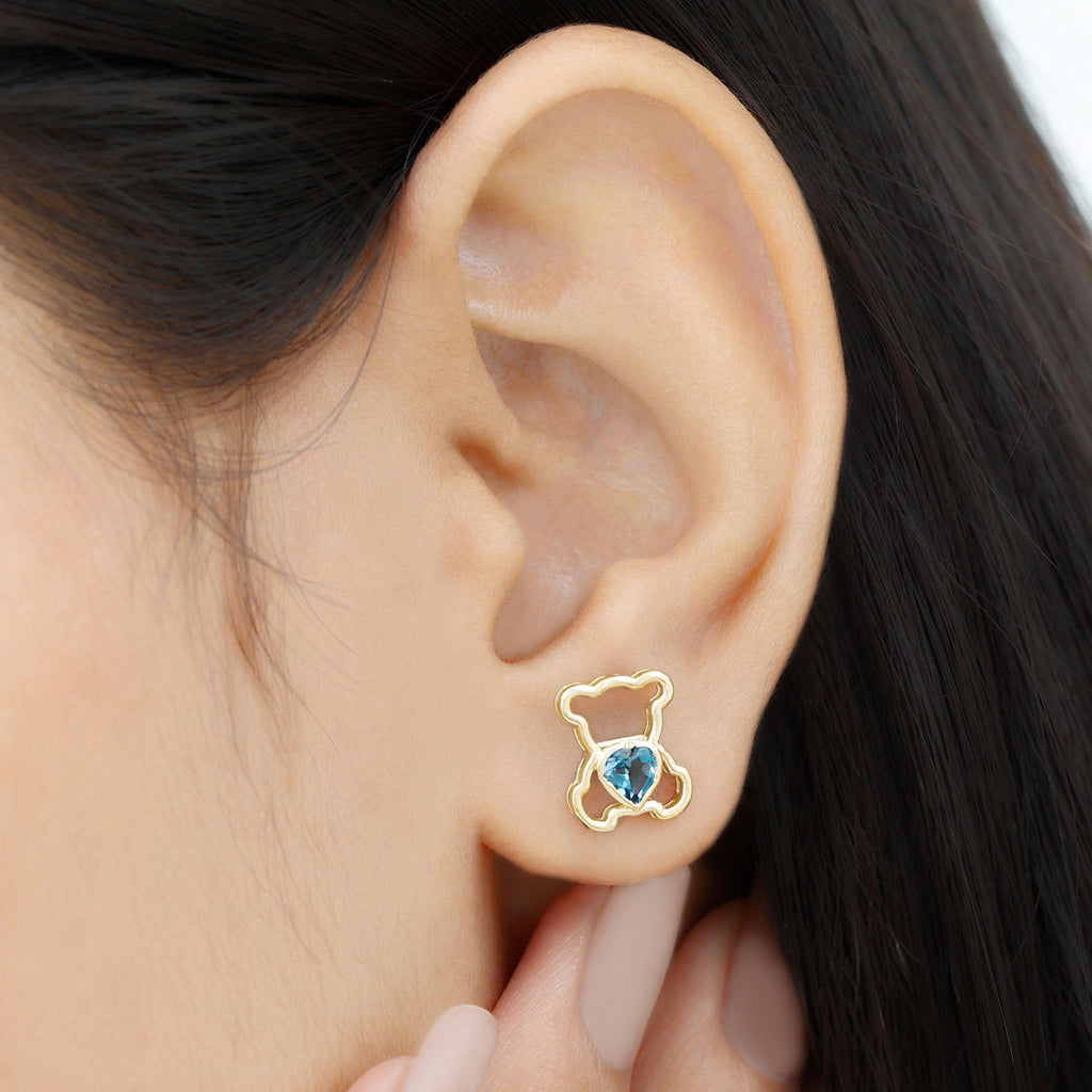 1/2 CT Heart Shape London Blue Topaz Teddy Bear Earrings