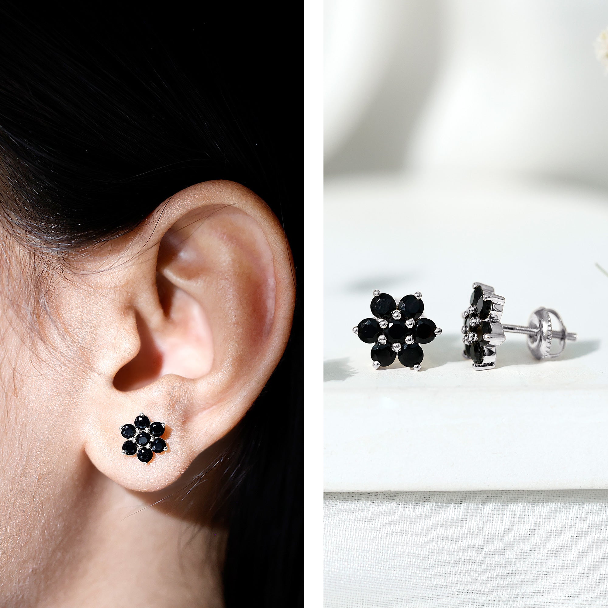 1.25 CT Black Onyx Floral Cluster Stud Earrings