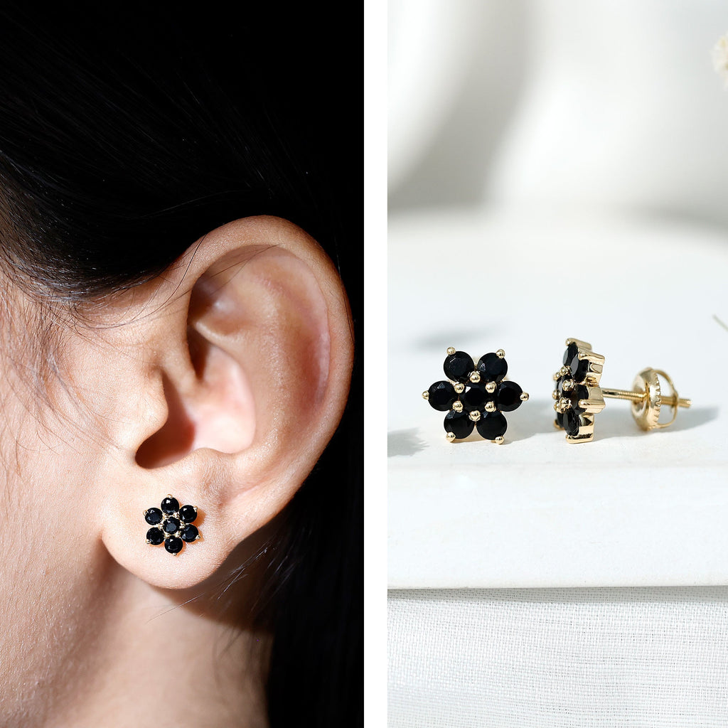 1.25 CT Black Onyx Floral Cluster Stud Earrings
