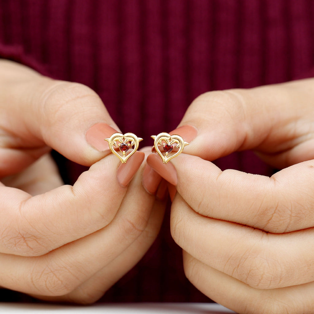 Heart Shape Garnet Kissing Dolphin Stud Earrings