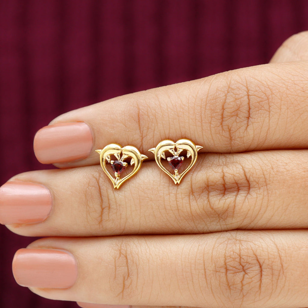 Heart Shape Garnet Kissing Dolphin Stud Earrings
