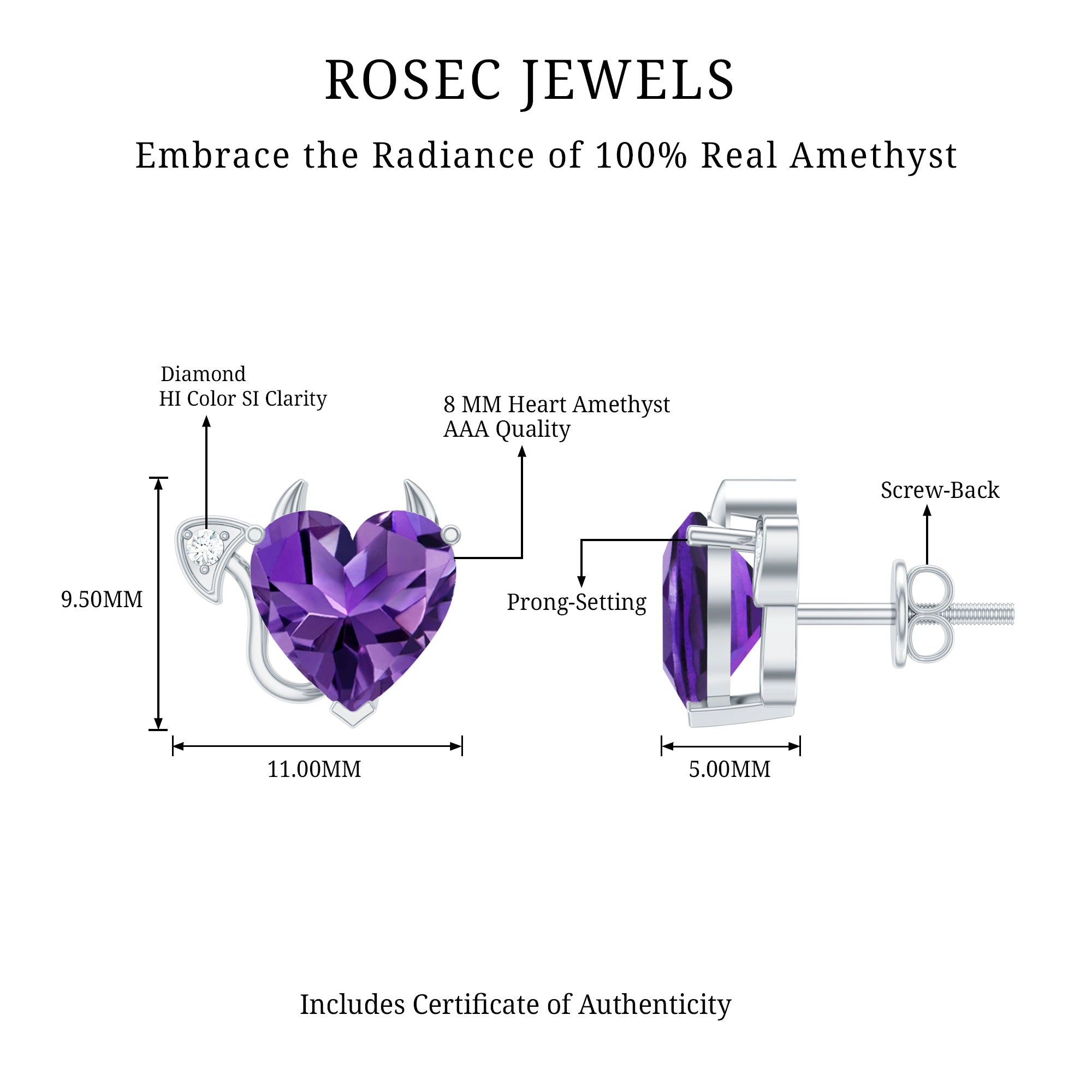 Heart Shape Amethyst and Diamond Gothic Stud Earrings