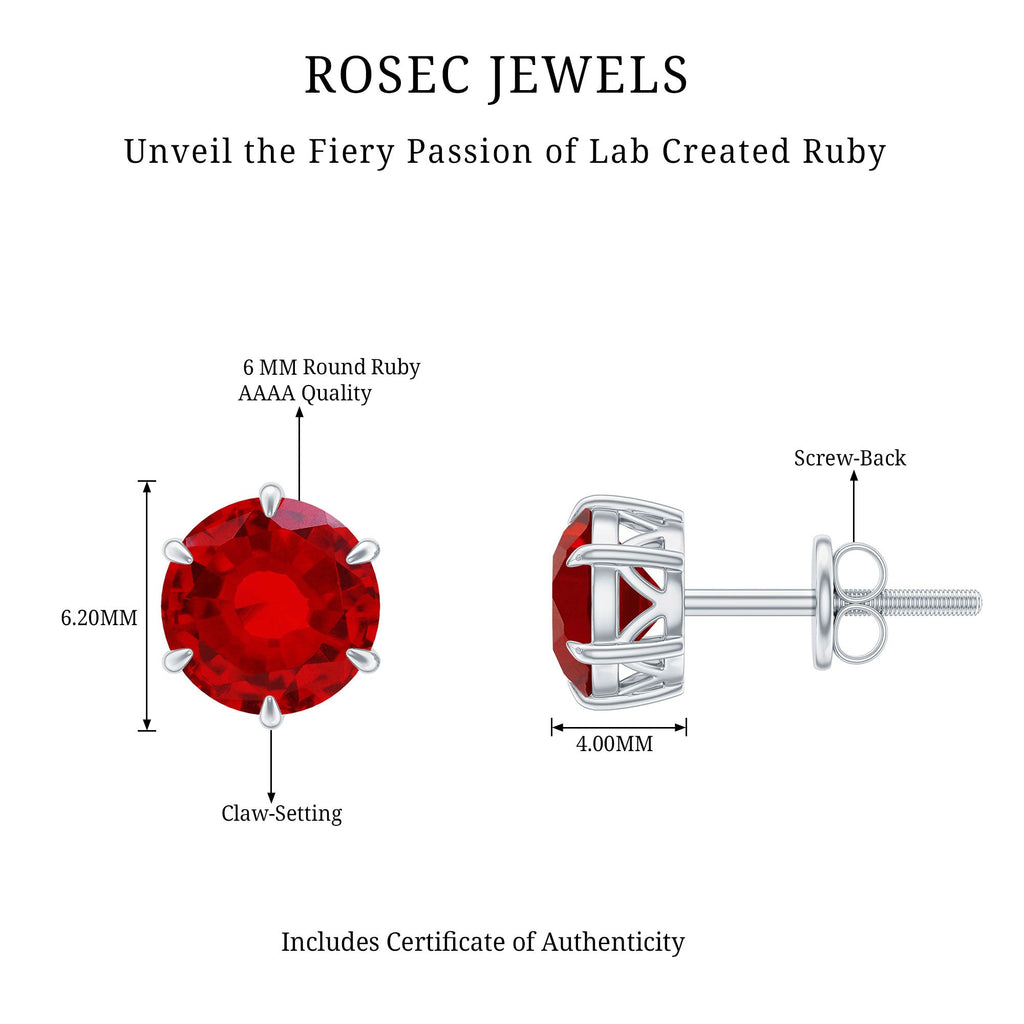 6 MM Round Created Ruby Solitaire Stud Earrings in Claw Setting