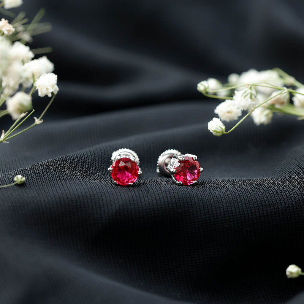 6 MM Round Created Ruby Solitaire Stud Earrings in Claw Setting