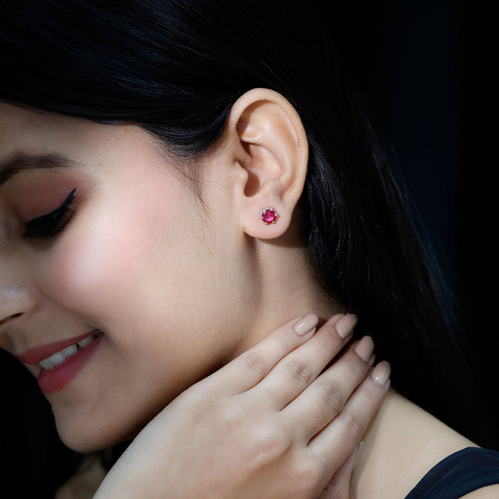 6 MM Round Created Ruby Solitaire Stud Earrings in Claw Setting