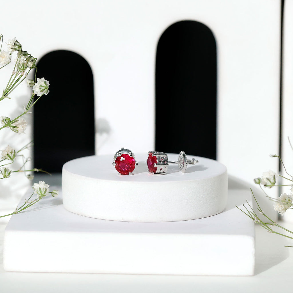 6 MM Round Created Ruby Solitaire Stud Earrings in Claw Setting