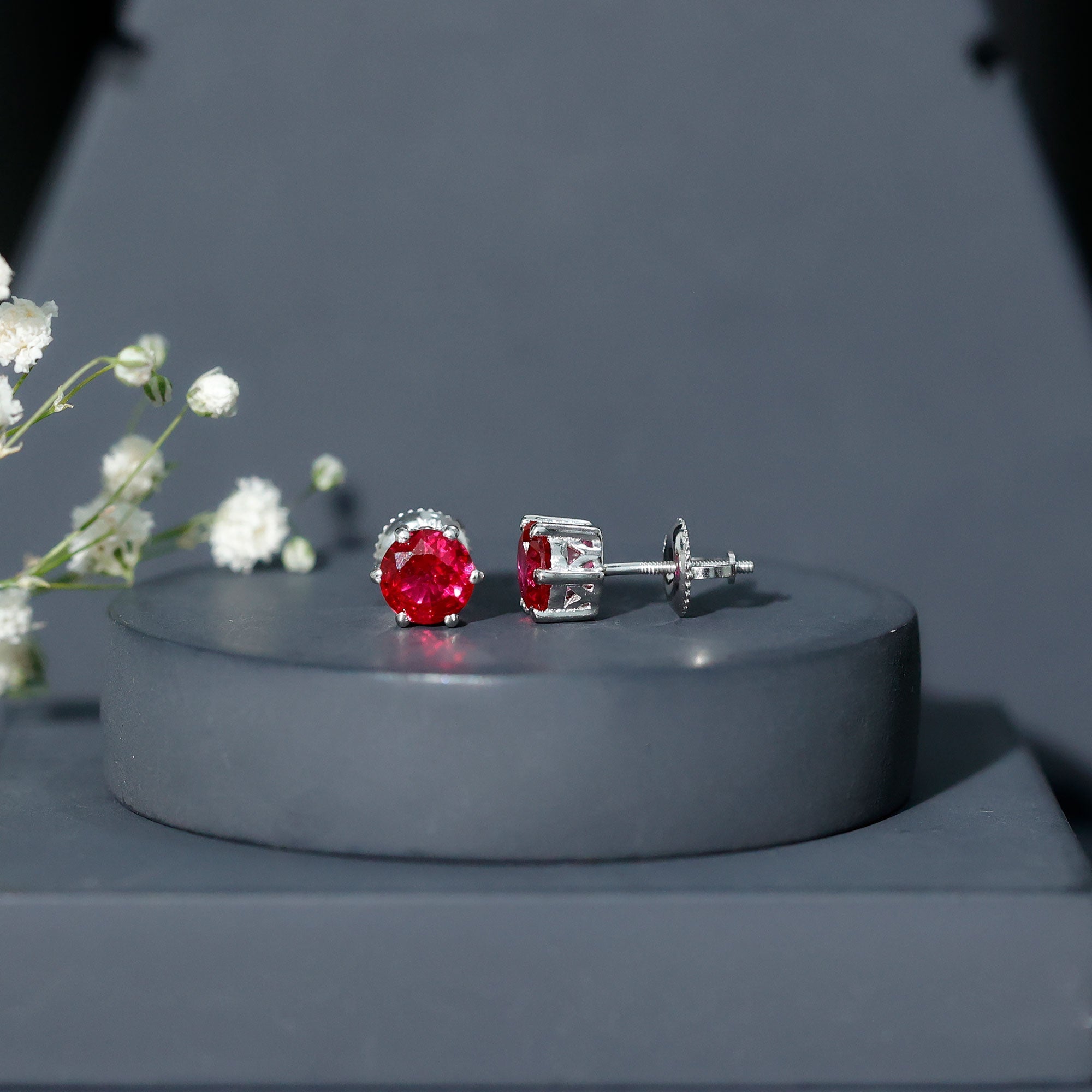 6 MM Round Created Ruby Solitaire Stud Earrings in Claw Setting