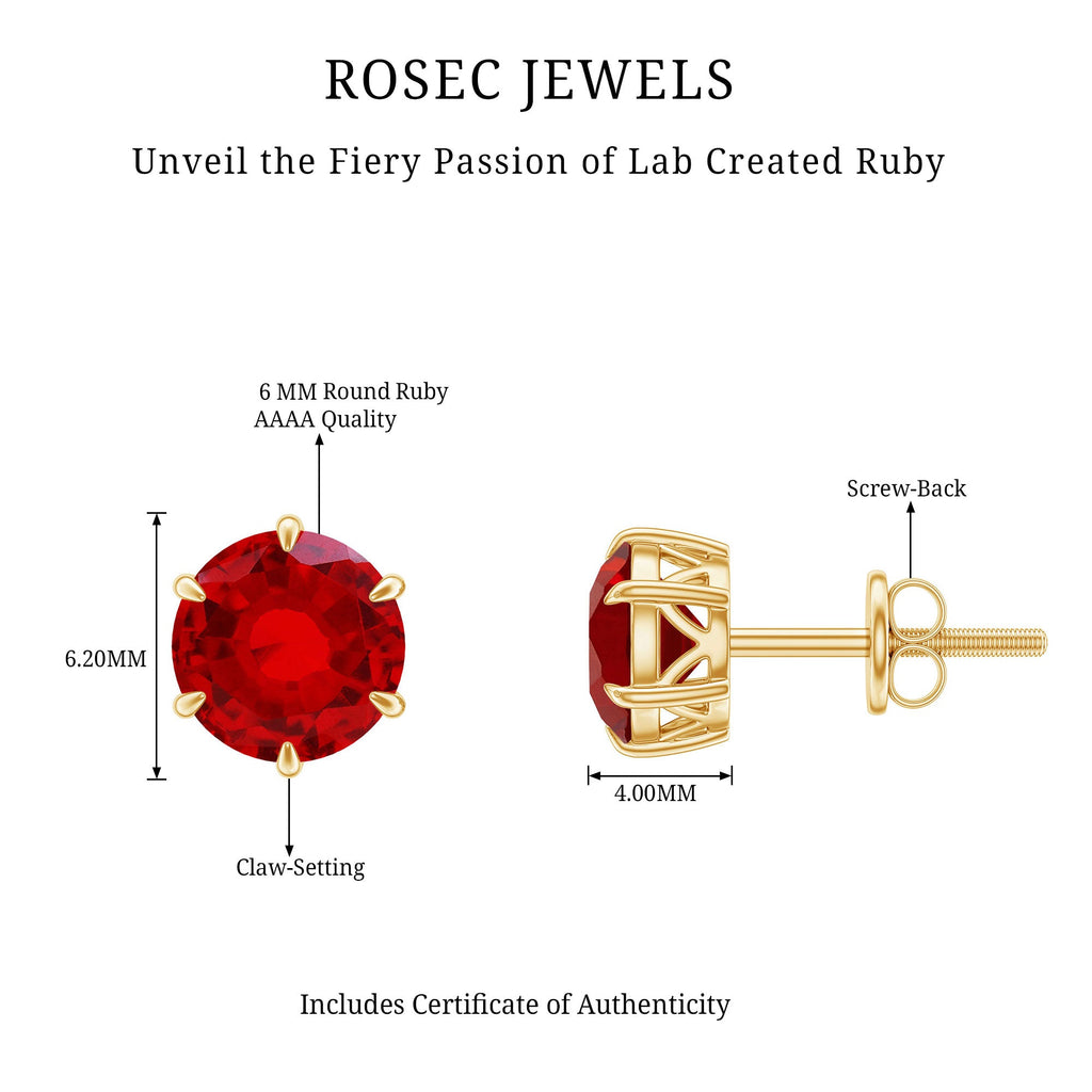 6 MM Round Created Ruby Solitaire Stud Earrings in Claw Setting