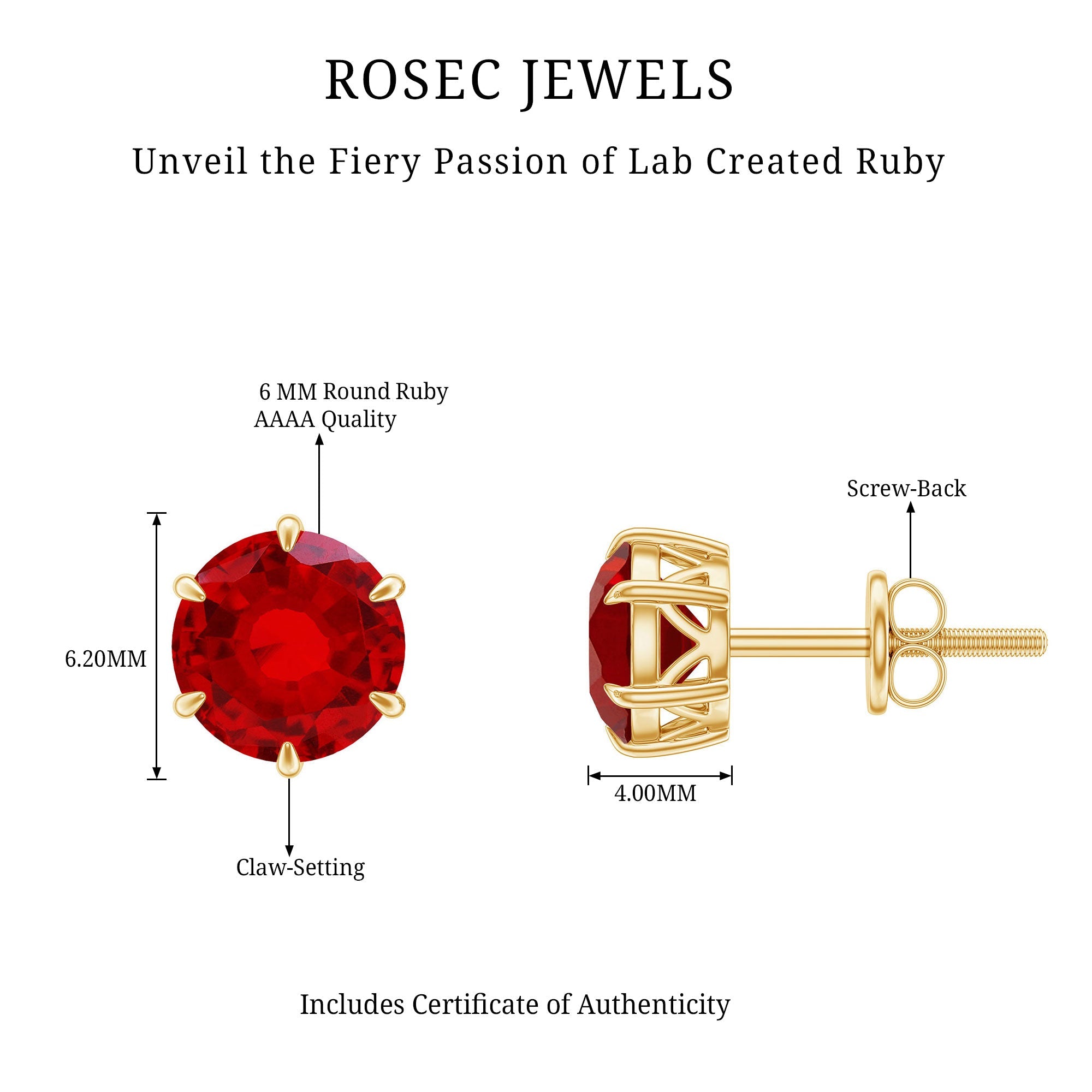 6 MM Round Created Ruby Solitaire Stud Earrings in Claw Setting