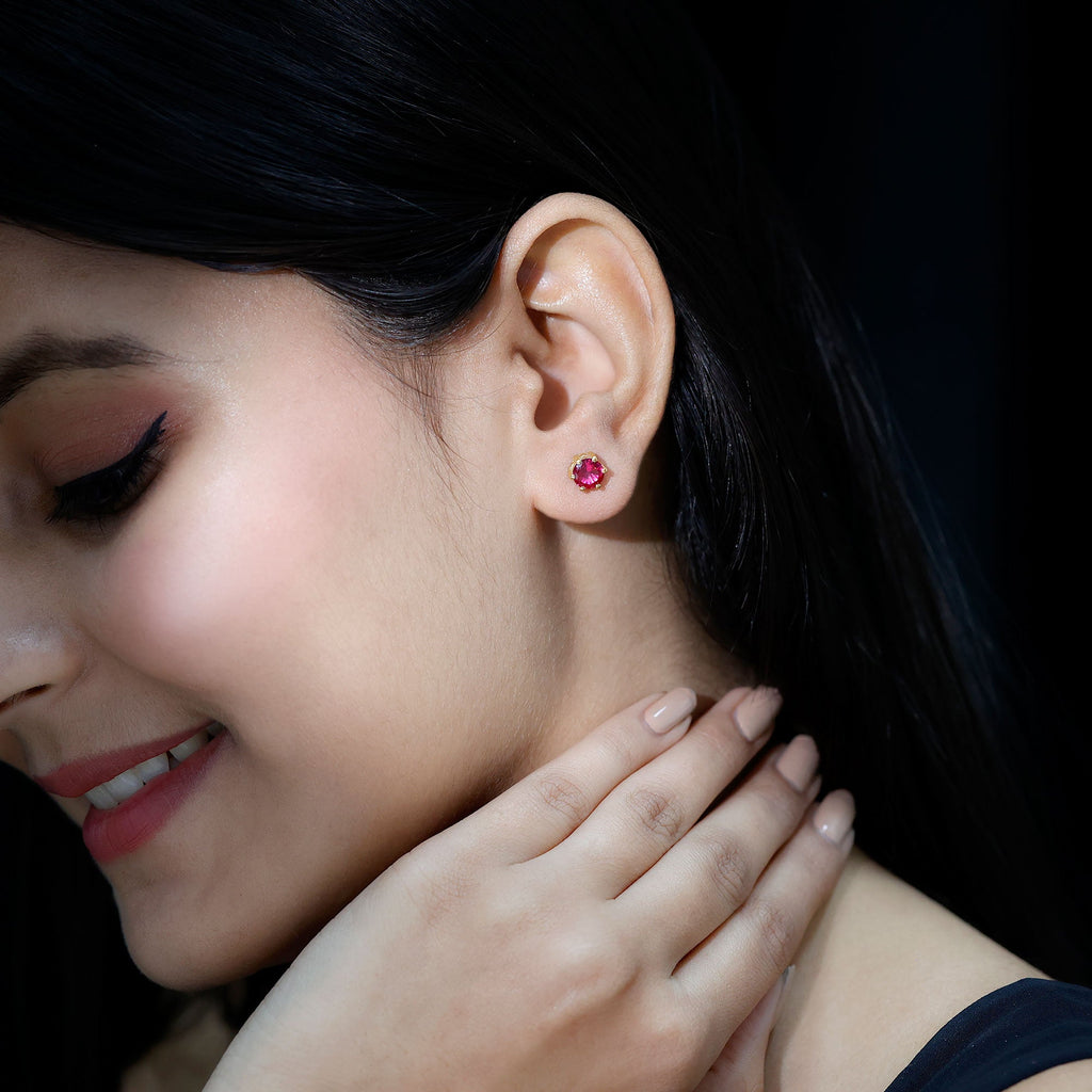 6 MM Round Created Ruby Solitaire Stud Earrings in Claw Setting