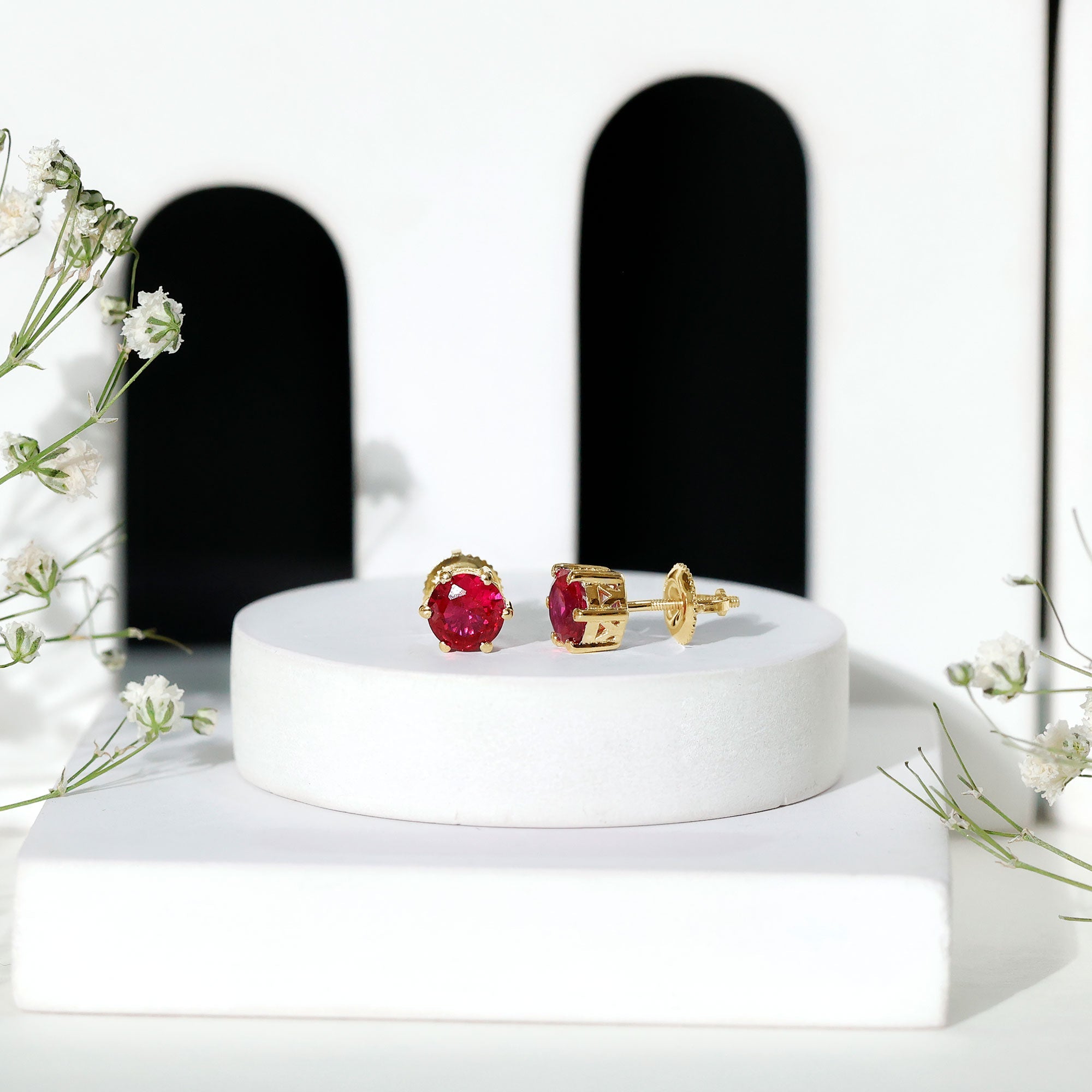 6 MM Round Created Ruby Solitaire Stud Earrings in Claw Setting