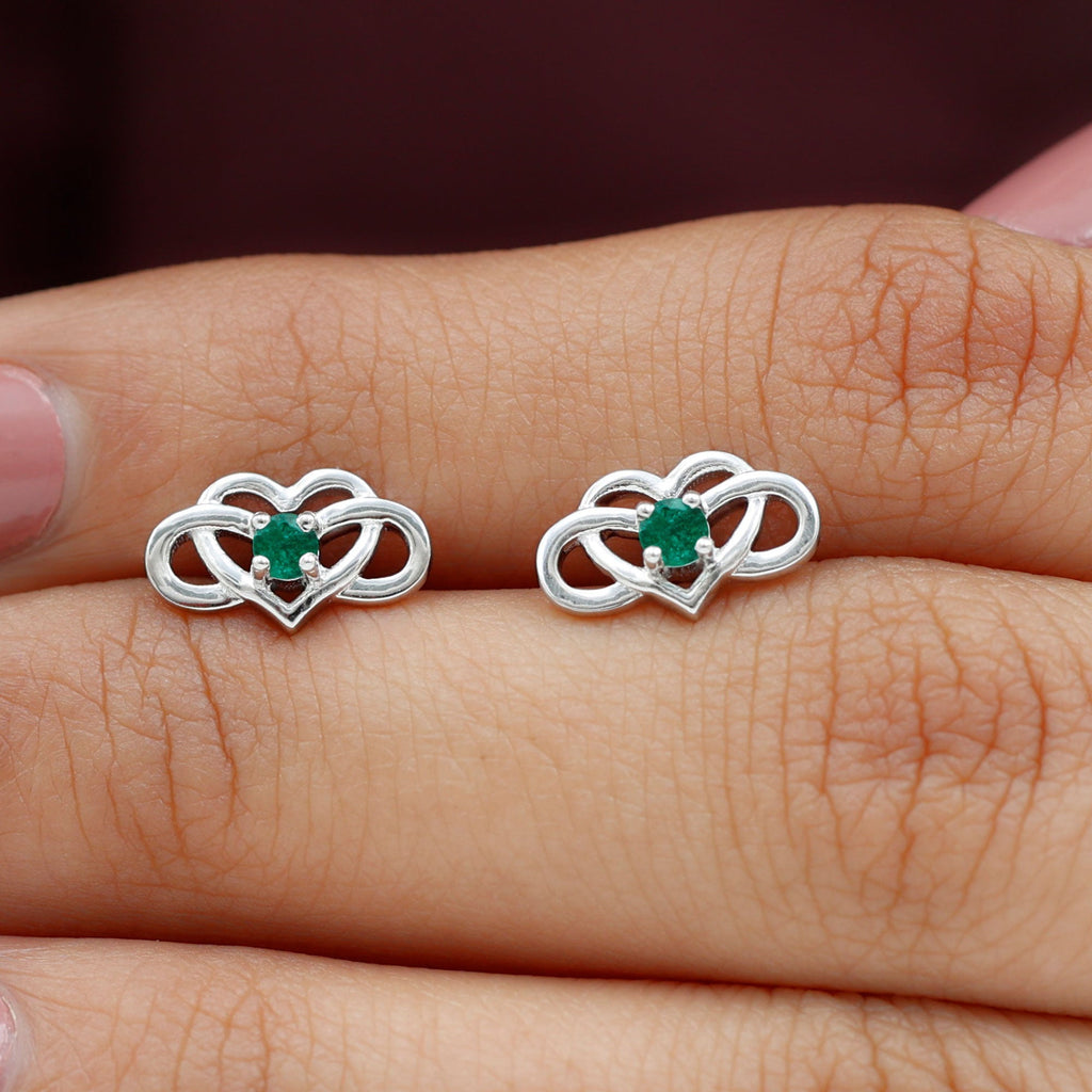 Lab Grown Emerald Infinity Heart Stud Earrings