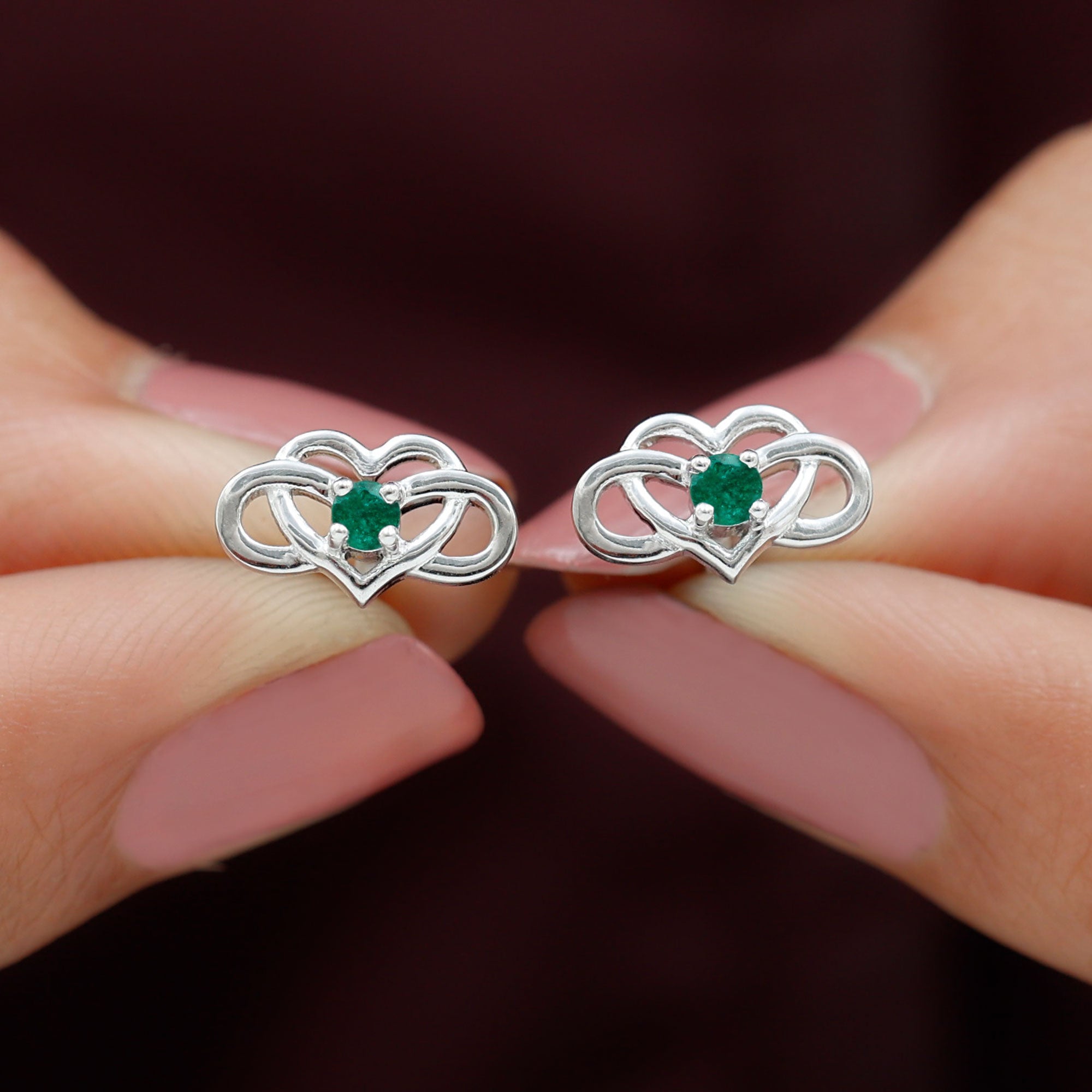 Lab Grown Emerald Infinity Heart Stud Earrings