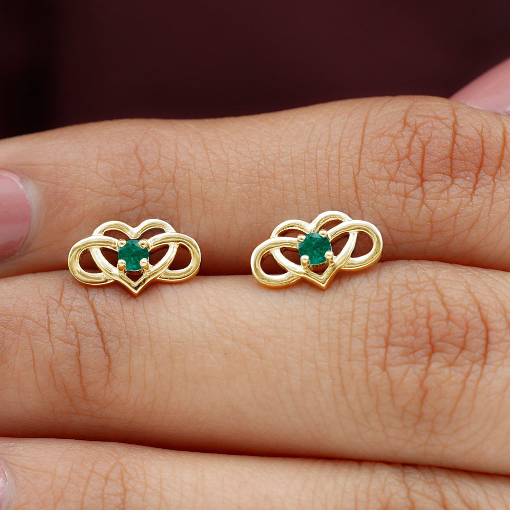 Lab Grown Emerald Infinity Heart Stud Earrings