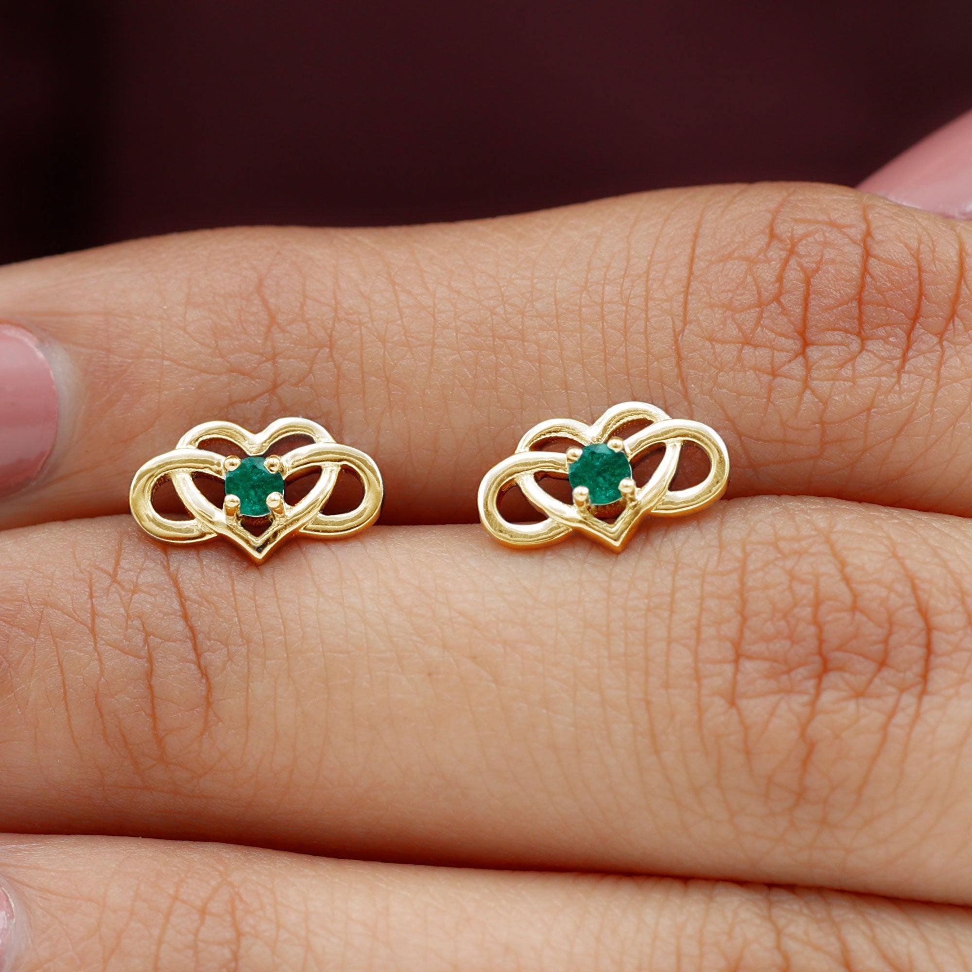 Lab Grown Emerald Infinity Heart Stud Earrings