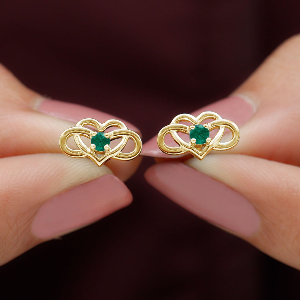 Lab Grown Emerald Infinity Heart Stud Earrings