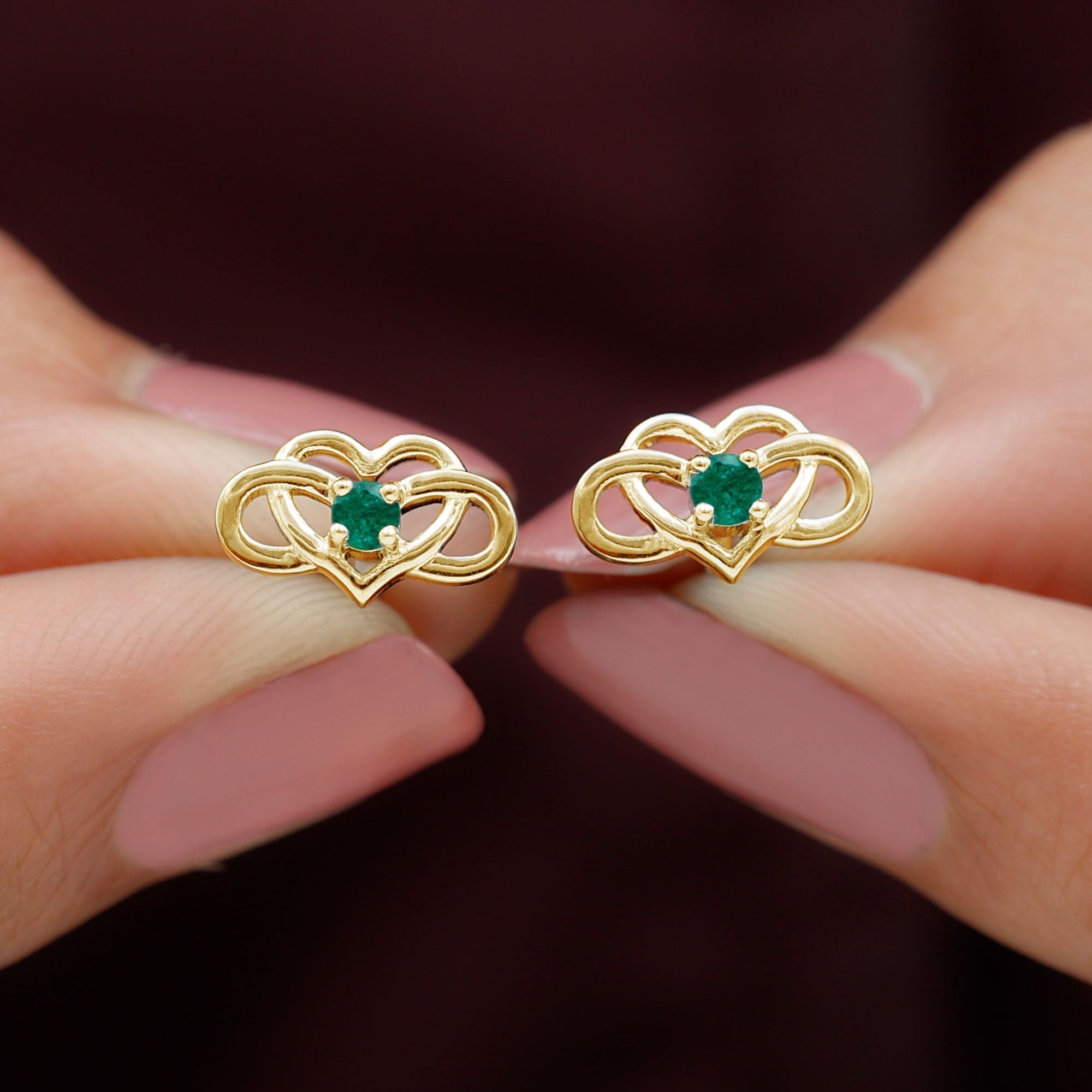 Lab Grown Emerald Infinity Heart Stud Earrings