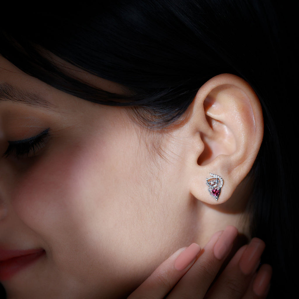 Heart Shape Pink Tourmaline and Diamond Cat Stud Earring
