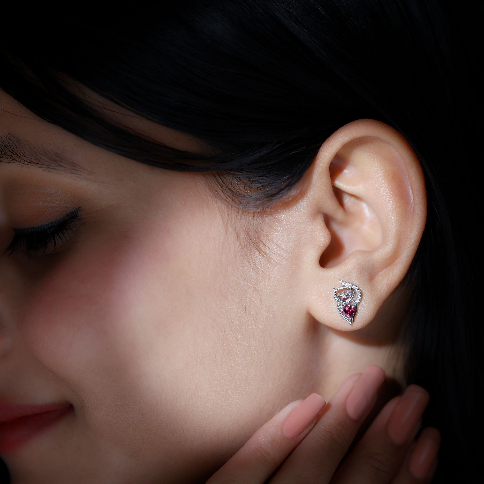 Heart Shape Pink Tourmaline and Diamond Cat Stud Earring