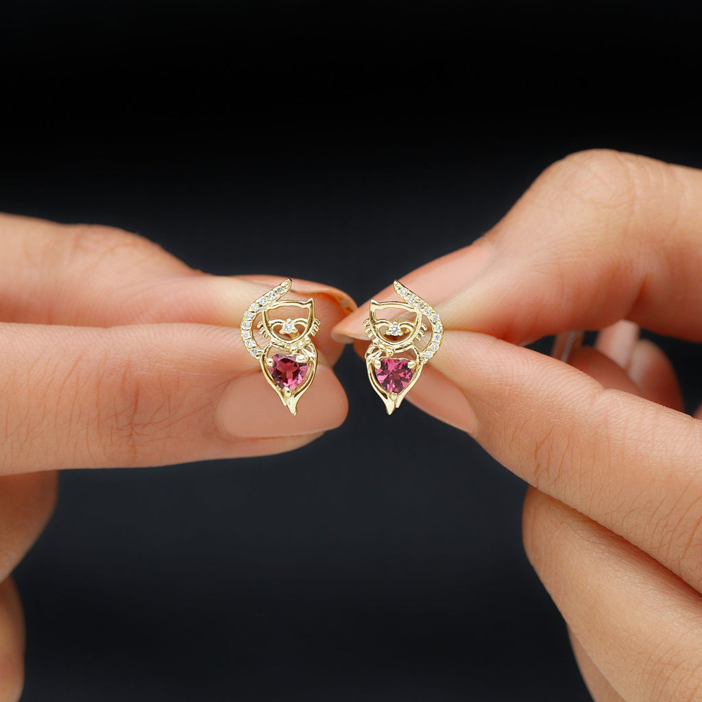 Heart Shape Pink Tourmaline and Diamond Cat Stud Earring