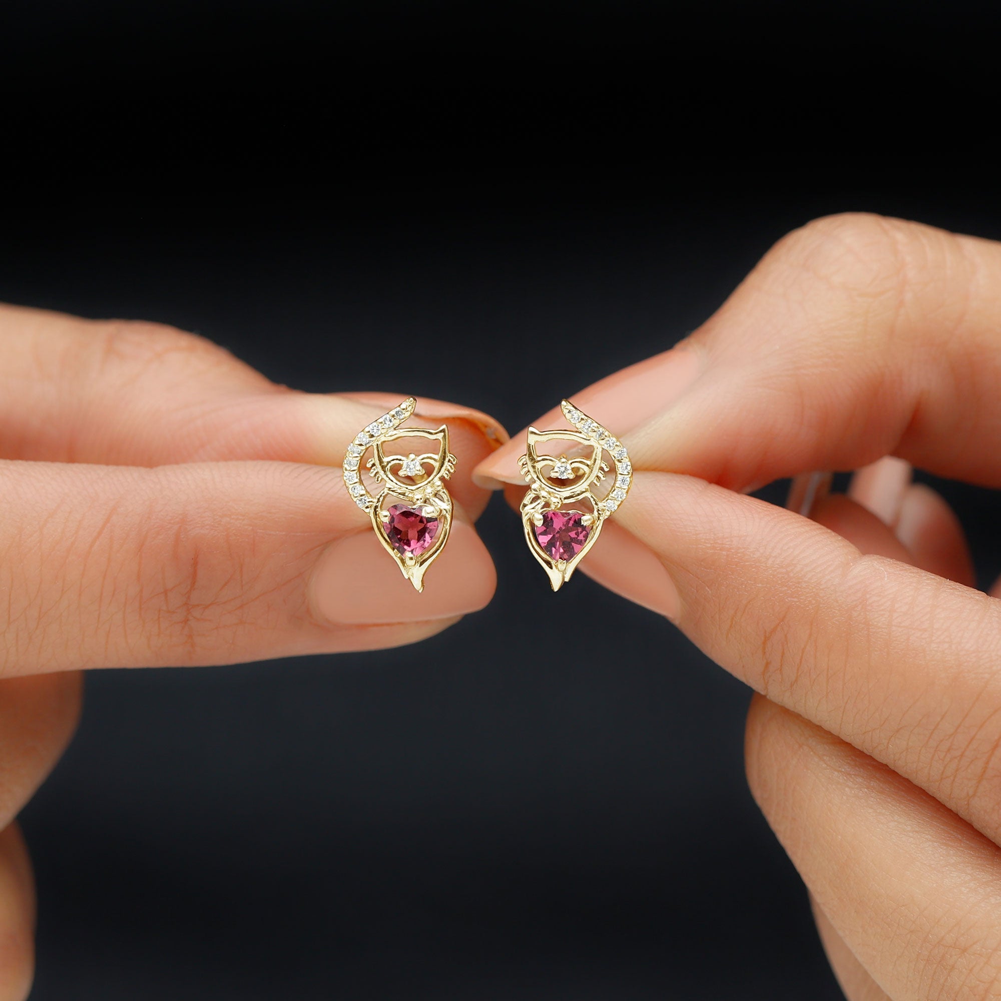 Heart Shape Pink Tourmaline and Diamond Cat Stud Earring