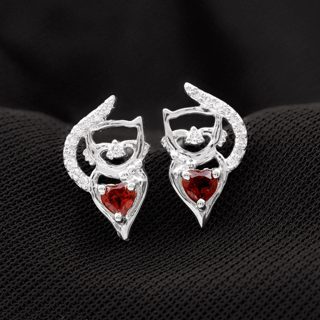 Heart Shape Garnet and Diamond Cat Stud Earrings