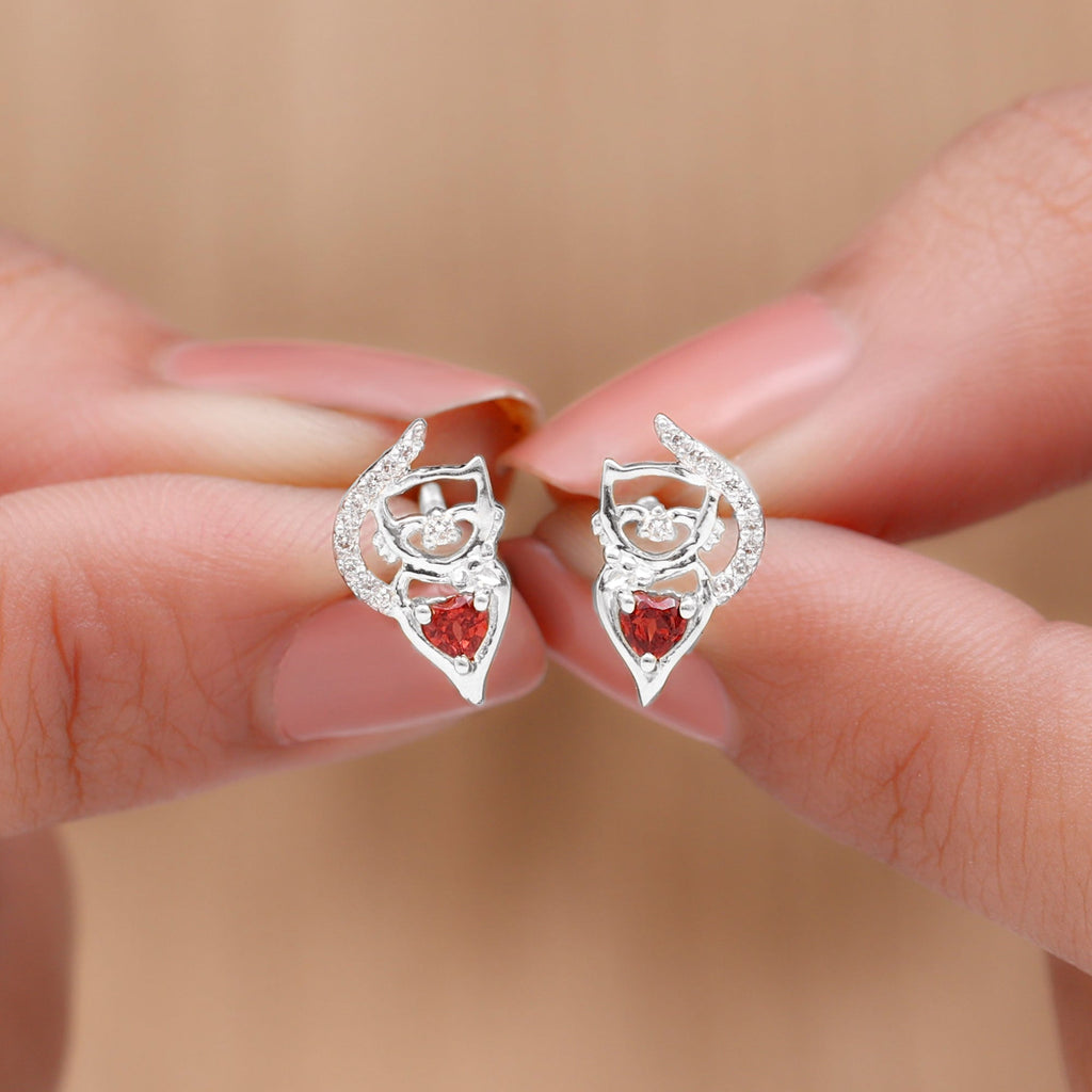 Heart Shape Garnet and Diamond Cat Stud Earrings
