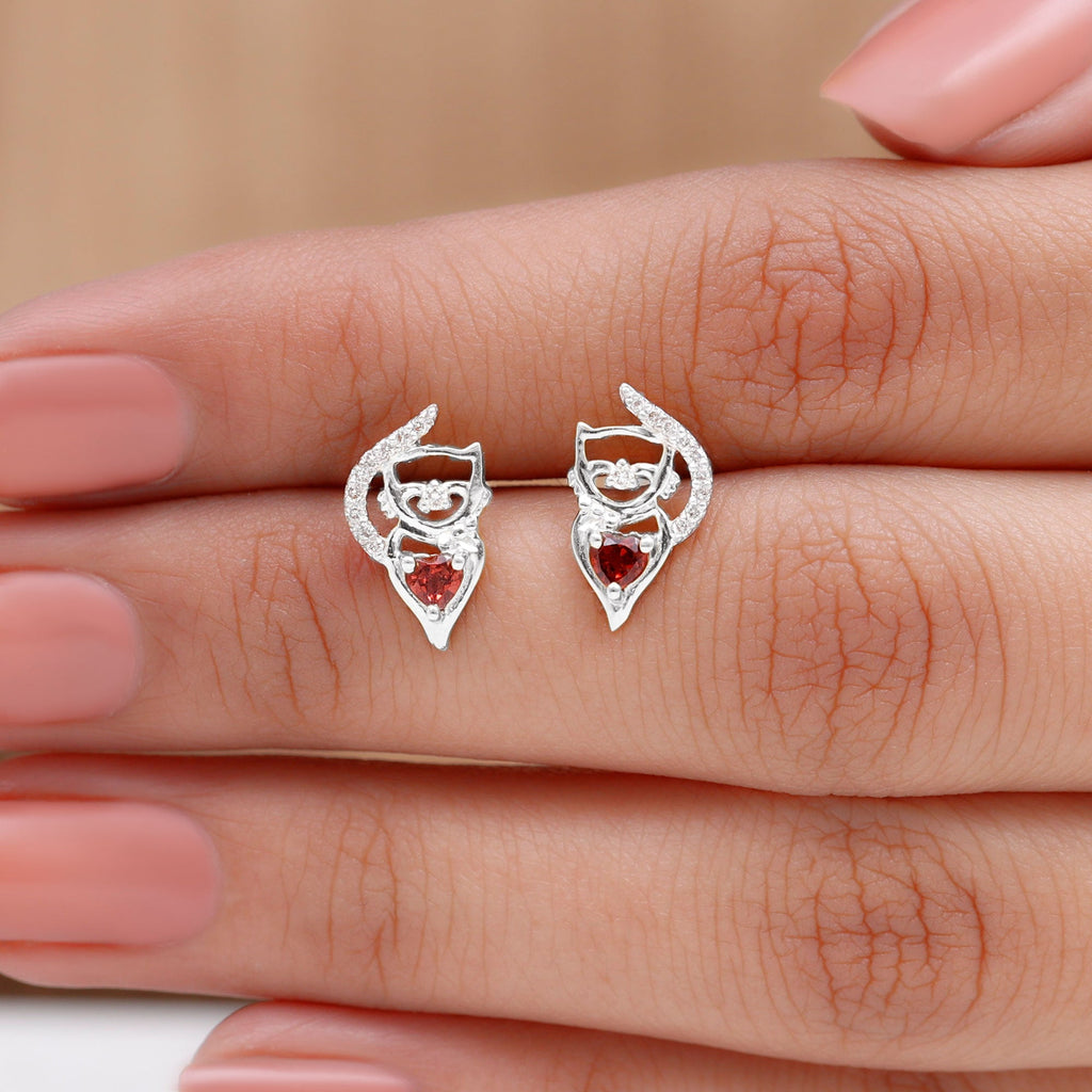 Heart Shape Garnet and Diamond Cat Stud Earrings